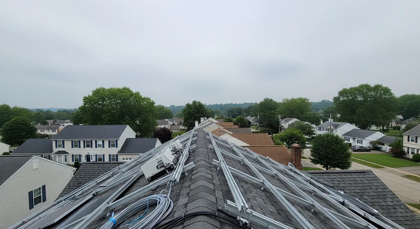 Professional crew working on a residential property in Reading, PA, with local neighborhood homes visible in the background.