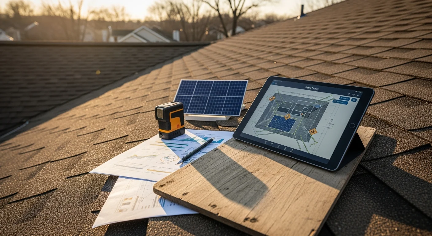 An Eco Innovation consultant reviewing a solar panel layout diagram with a Reading, PA homeowner at a kitchen table, with a residential rooftop visible through the window. The design plan shows panel placement mapped to the home's roof orientation and shading zones.